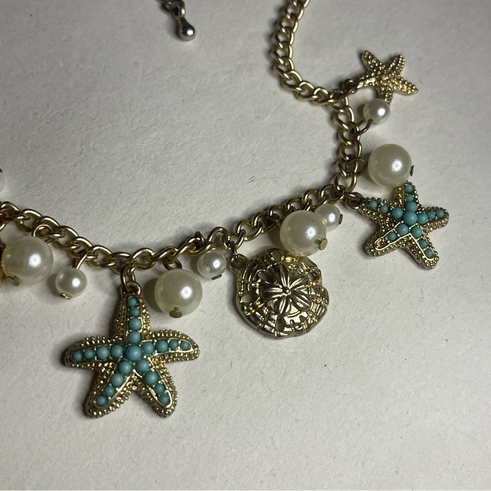 Vintage Beach Natural Blue Turquoise Starfish Shell Gold Pearl Charm Necklace - Picture 6 of 11